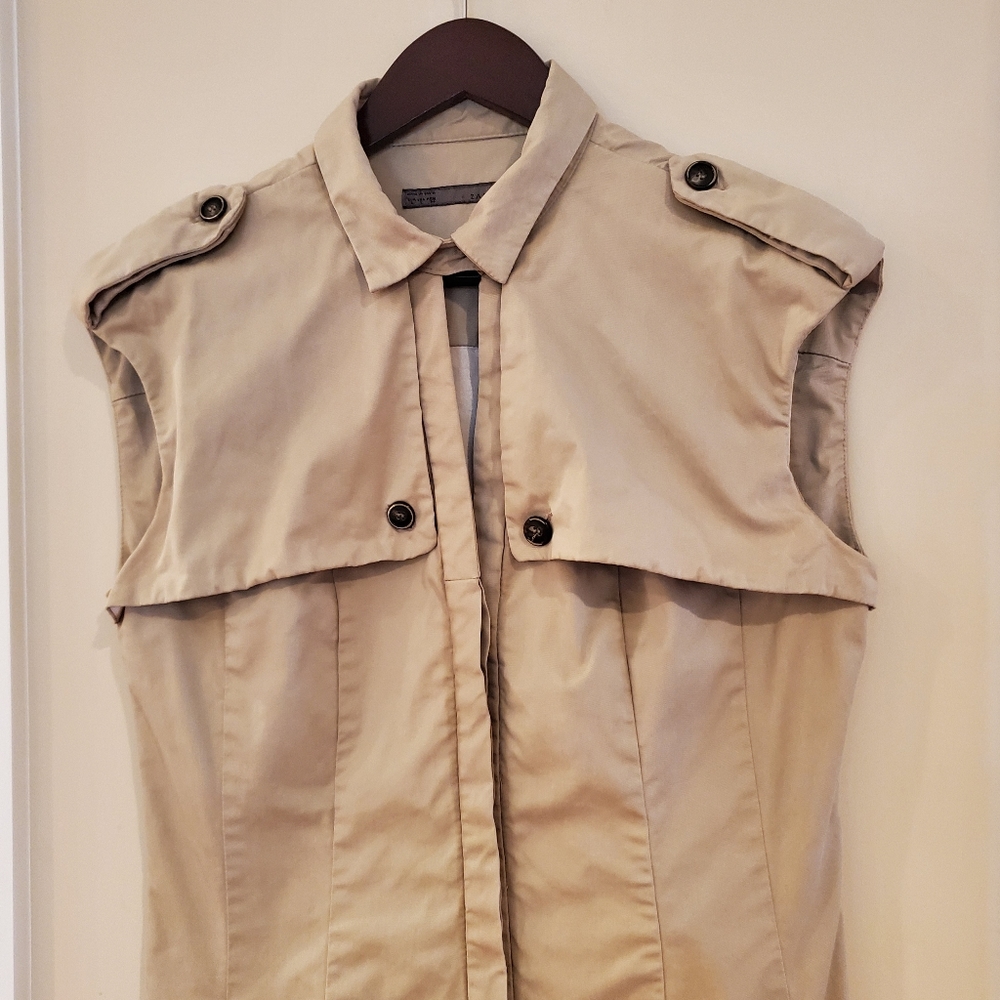 Zara Trench Coat Style Sleeveless Button Up Shirt Dress Khaki Size Large - Picture 3 of 14